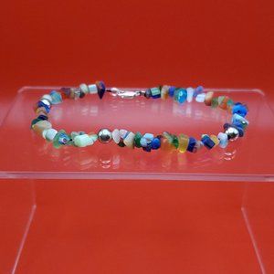 9 Inch 925 Sterling Silver Beautiful Many Colorful Stone Chips Ankle Bracelet